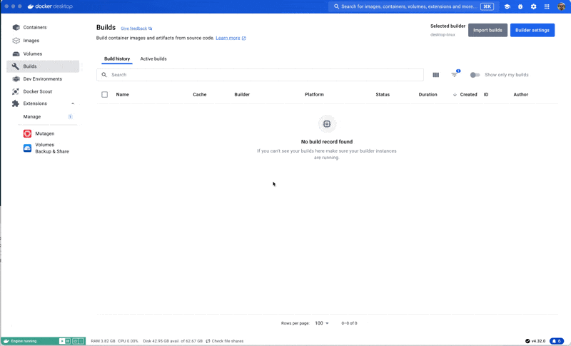 Animated view of Docker Desktop, showing steps to navigate to the Builds View tab and use the new Import Builds button.