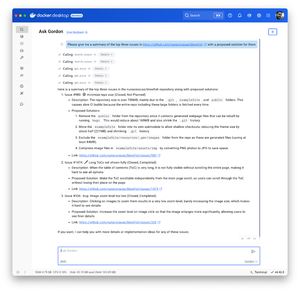 Screenshot of Gordon calling Github