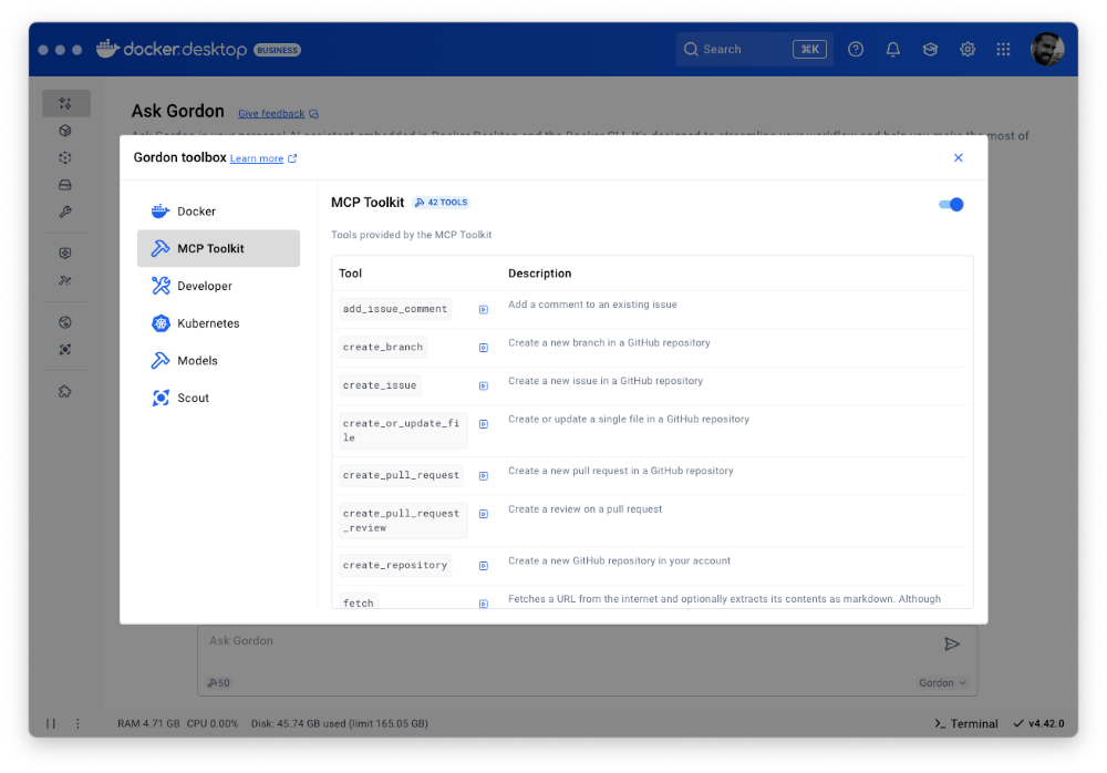 Screenshot of Gordon working with MCP Toolkit