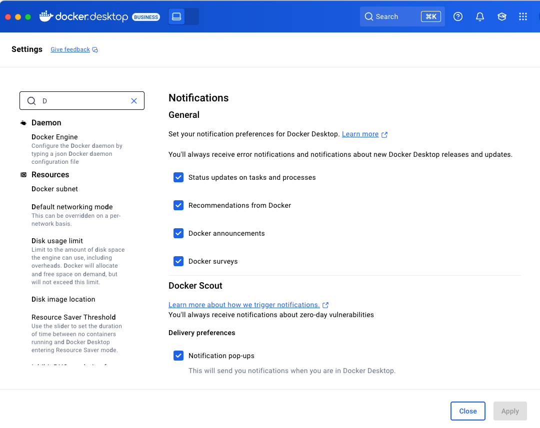 Screenshot of the improved Docker Desktop Search bar within Settings management.