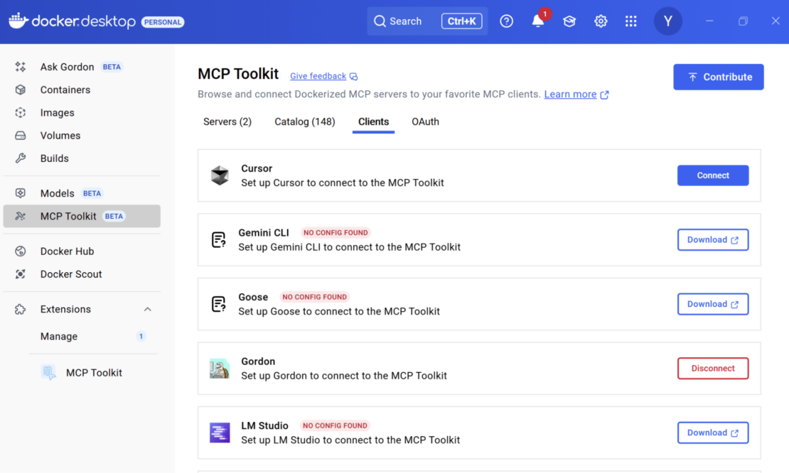 MCP Toolkit interface inside Docker Desktop, with Gemini CLI and Goose as downloadable MCP clients.