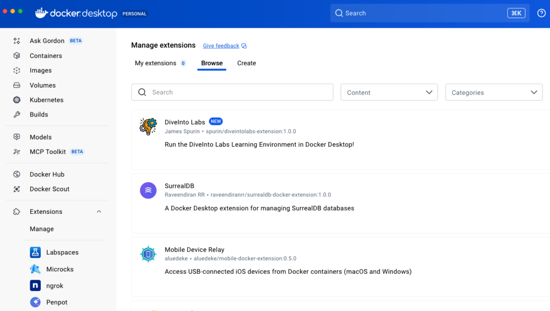 Docker Desktop browse extensions