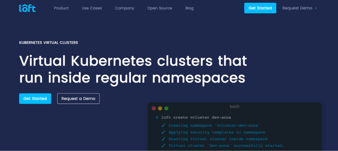 Loft website homepage advertising virtual Kubernetes clusters that run inside regular namespaces.