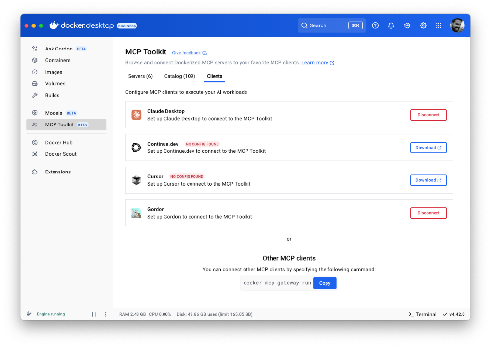 Screenshot of the MCP Toolkit tab on Docker Desktop, showing a list of downloadable and connected clients.