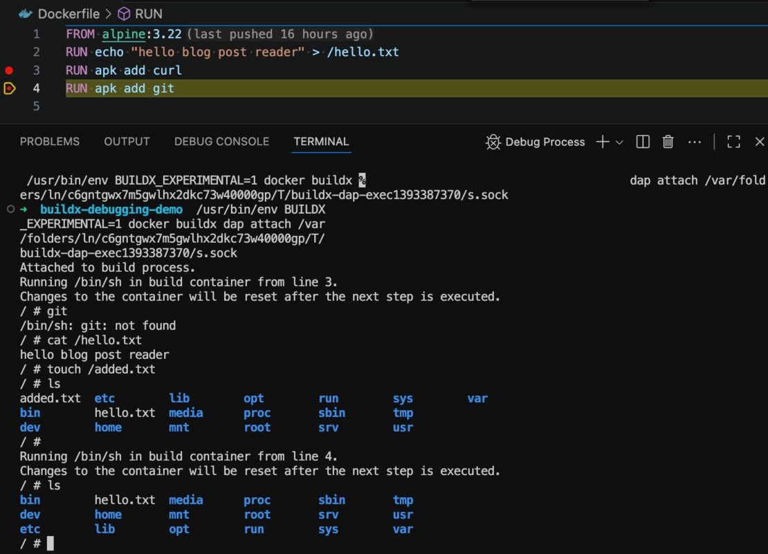 Terminal shows that the user created a new file in the shell but it disappears after the debugger has advanced to another line.
