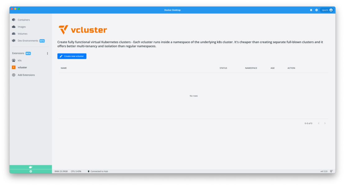 Docker Desktop vcluster Extension pane displaying a list of any running Kubernetes services.